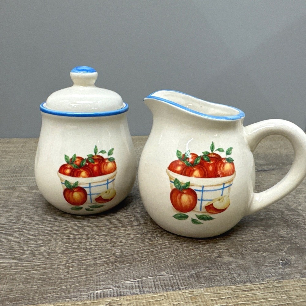 Vintage 90's Apple Basket Cream & Sugar Set Ceramic Blue Trim